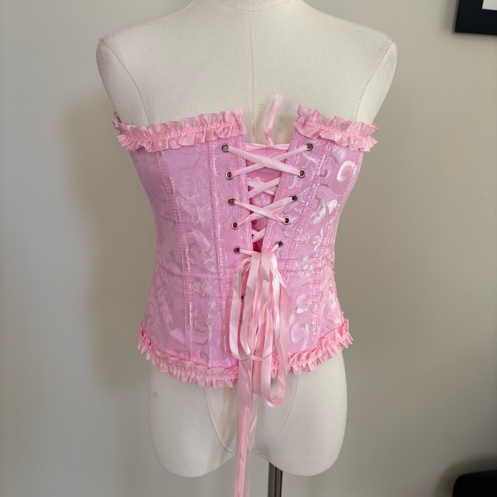 Pink Satin Floral Coquette Lace Up Bustier Top Romantic Feminine Cosplay Sz M